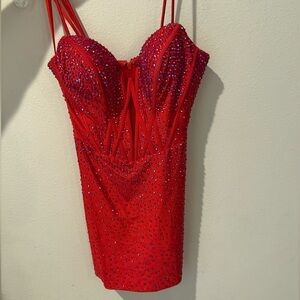 Ashley Lauren Red Dress covered with gems, plunging neckline, removable straps